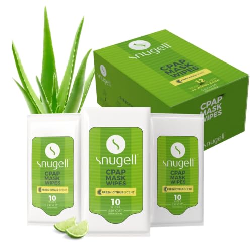Snugell Citrus Scented Travel CPAP Mask Wipes – 12 Packs 10 Sheets Each – 100% Soft Cotton – Skin-Safe with Aloe Vera – Lint and Alcohol Free– Perfect for Quick and Efficient Cleaning of CPAP Masks