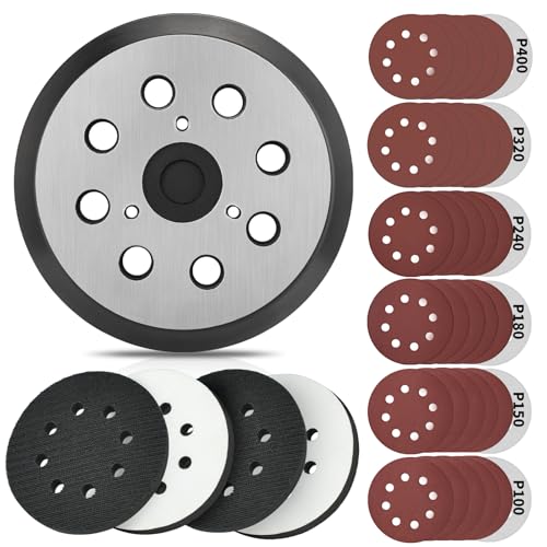 Gnellkoor 5 Inch 8 Holes Hook Loop Orbital Sander Metal Pad Replacement for Makita BO5010K BO5021 BO5030K BO5031K BO5041K with 4 PCS Foam & 36 PCS Sanding Discs 100 150 180 240 320 400 Grits