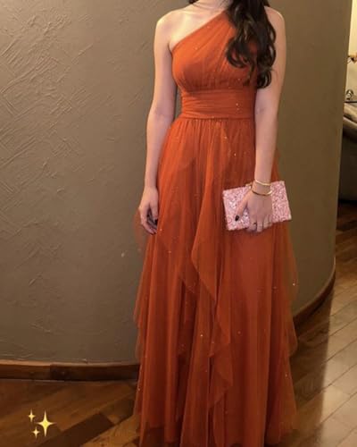 RYANTH One Shoulder Bridesmaid Dresses with Ruffle 2025 Chiffon Long Tired Layered Prom Dresses BW0033