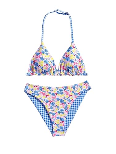 Image of RoseSeek Girl's 2 Piece Swimsuits Floral Gingham Halter Triangle Wireless Bikini Bathing Suit