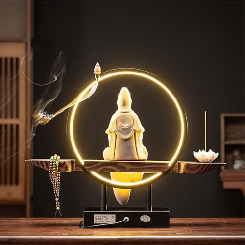 LED Ring Light Ceramic Buddha Incense Burner - Bonsai Tree Decorative Figurine for Home & Office, Unique Indoor Decor, Relaxation and Meditation Essential
