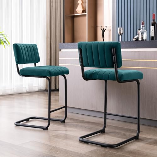 Image of ONEVOG 24 Inch Teal Counter Bar Stools Set of 2, Mid-Century Modern Counter Height Cantilever Bar Chairs for Kitchen Island, Upholstered Velvet Fabric Barstools with Back & Matte Black Metal Leg, Teal