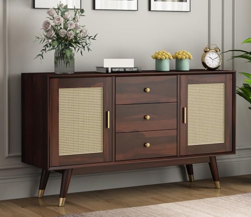 Image of Sheesham Wood Sideboard Cabinet for Living Room | Wooden Sideboard Cabinet 2 Doors & 3 Drawers with Storage | Drawing Room, Office (Walnut Finish)
