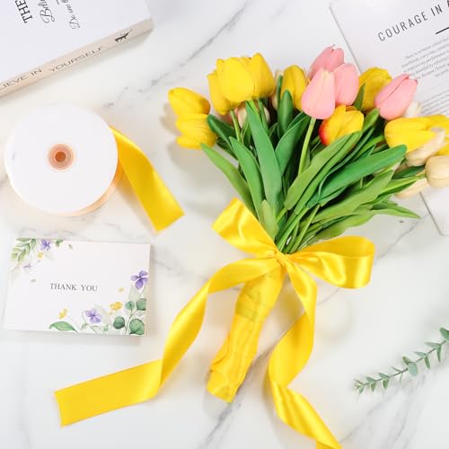 Image of woric Yellow Satin Ribbon 1 1 /2 Inch 60 Yards Yellow Bows for Fall Wreath Decor Graduation Crafts Gift Wrapping Flower Bouquet Memorials Harvest Party Halloween Holiday Decorations