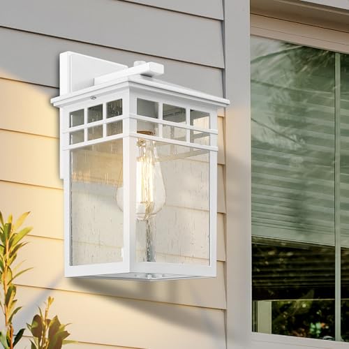 Image of Outdoor Light Fixture Wall Mount, Rustic Exterior Lights Fixture Wall Sconces with Seeded Glass for Front Porch, Waterproof Outdoor Lantern in White Finish for Home, Garage, Barn, Storefront