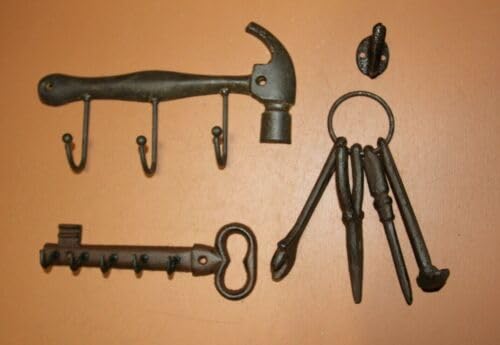 Vintage Handyman Basics Antique Style Tools Decor, Cast Iron Wall Hooks - 4 pcs -