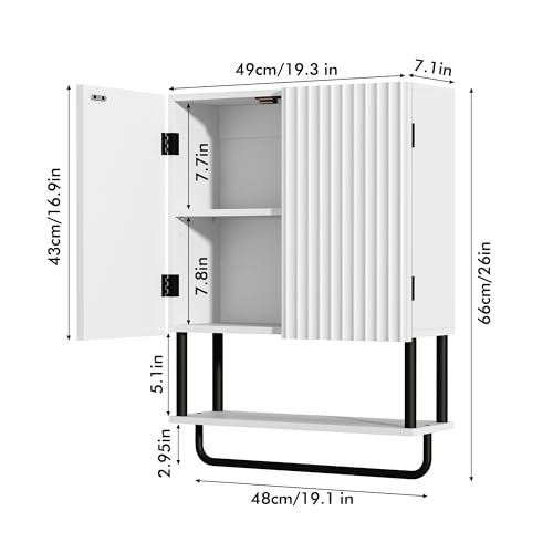RUSTOWN Fluted Bathroom Wall Cabinet with 2 Doors, 3-Tier Modern Farmhouse Medicine Cabinet, Over The Toilet Storage Cabinet with Adjustable Shelf and Towel Bar (White, Medium) - Image 4