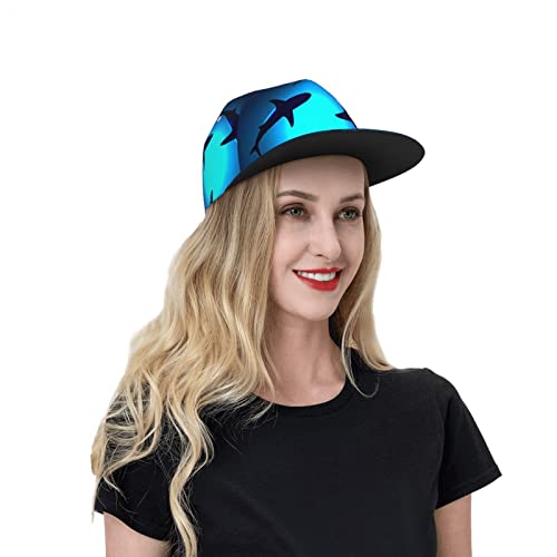 Quzioxe Sharks Under Water Flat Bill Brim Cap Hip Hop Hat Baseball Cap For Men Women Adjustable Square Flat Visor Back Trucker Snapback Hat #TOP7