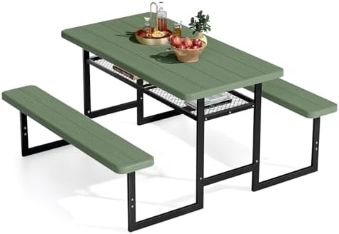 VINGLI Outdoor Picnic Table with Storage Shelf & Umbrella Hole, 4.5FT All Weather Metal Frame HDPE Tabletop Plastic Picnic Table for Dining Party Garden(Green)