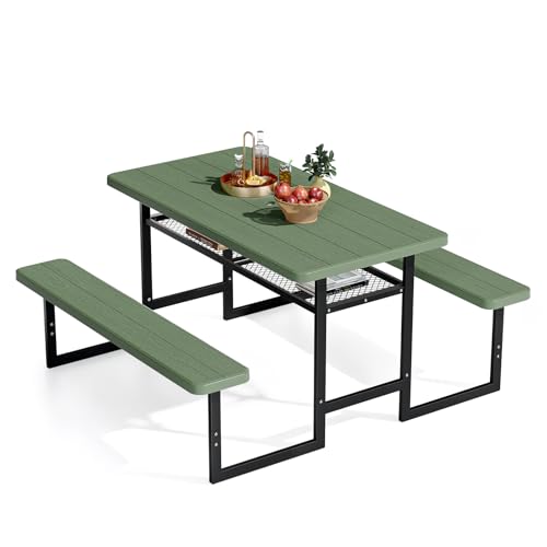 VINGLI Outdoor Picnic Table with Storage Shelf & Umbrella Hole, 4.5FT All Weather Metal Frame HDPE Tabletop Plastic Picnic Table for Dining Party Garden(Green)