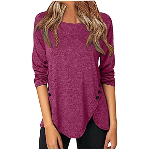 LAKOYA Women's Casual Long Sleeve Tunic Top Round Neck/Zip V Neck T-Shirts Lightweight Button Side Blouses Ladies Loose Tops Solid Color Pullover for Fall Winter Cover