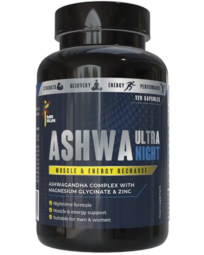 Ashwagandha 5000mg Night Complex with Magnesium Glycinate, Zinc, Natural Melatonin - Energy & Muscle Recovery, Sleep - Ashwa Ultra Rest & Recharge Supplement for Men Women - Vegan UK Made 120 Capsules