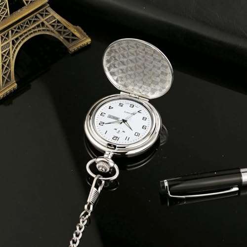 ساعة جيب كوارتز للرجال بمينا مضيئة، ارقام عربية، عرض اليوم والتاريخ، سلسلة قابلة للفصل، ساعة بنمط كلاسيكي عتيق لحفلات الزفاف والتخرج والكريسماس وهدايا عيد الميلاد (فضي)