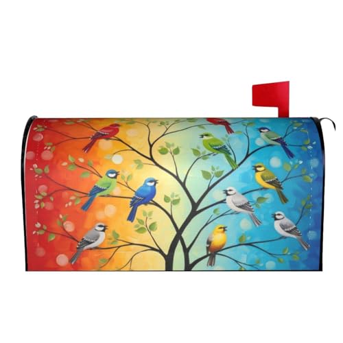 Image of Colorful Birds Tree Mailbox Cover Magnetic Birds On Branch Waterproof Mailbox Wraps Post Letter Box Decor 25.5x21 in