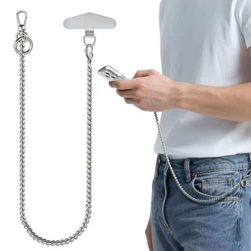 Image of ROCONTRIP Silver Anti Theft Phone Lanyard Pants Chain Heavy Duty Detachable Anti Drop Phone Strap with Metal Tether Tab for iPhone Wallet Key Outdoor Hiking Cycling