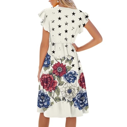 Image of Womens Summer Dress Ruffle Sleeve V Neck Dress Casual Fit Flowy Beach Vacation Sundress with Pocket S-2XL