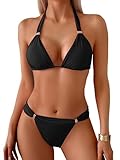TASHEHE Women's Triangle Ruched Bikini Set Sexy Two Piece Swimsuit Halter Sliding Rings Bathing Suit - 508 / Black - Medium