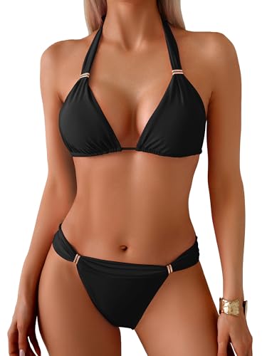 TASHEHE Women's Triangle Ruched Bikini Set Sexy Two Piece Swimsuit Halter Sliding Rings Bathing Suit - 508 / Black - Medium