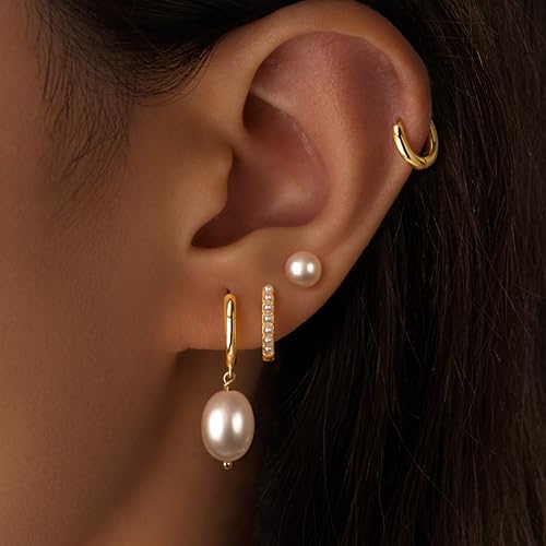 Image of Small Gold Huggie Hoop Earrings Set for Women Men Hypoallergenic 14K Plated Stack Cartilage Earrings, Sterling Silver Multiple Piercing Lightweight Mini Thin Cute Dainty Trendy Jewelry Gifts for Women