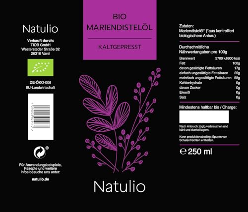 Foto von Natulio Mariendistelöl Bio kaltgepresst 250ml - zur Ernährung sowie zur Hautpflege geeignet - reich an Vitamin E - zertifiziert nach DE-ÖKO-006