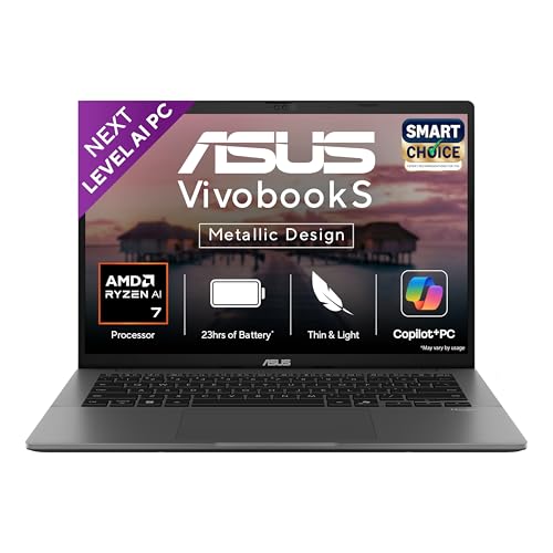 Image of ASUS Vivobook S14,Smartchoice,AMD Ryzen AI 7 350,16GB RAM,1TB SSD,OLED,14 inch,Windows 11, Office24,M365 Basic (1Yr)*, Matte Gray,1.4Kg, M3407KA-SF049WS,50 Tops,Metallic Design,Next-Gen AI Laptop,Copilot+
