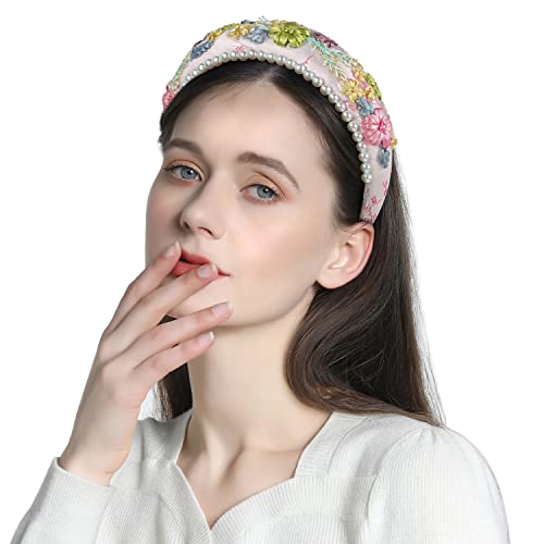 Qianxuan Solid Color Wide Headbands For Women Diamond Rhinestone Headbands For Women Top Knot Headband Crystal Handmade Pearl Girls Hair Accessories Glisten Fashion Embroidered Padded Hairband #TOP3