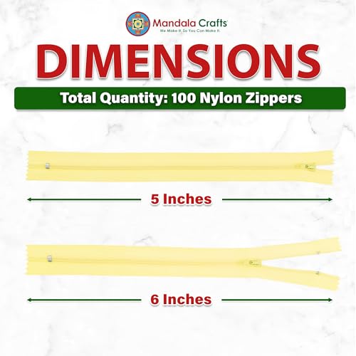 Image of Mandala Crafts 100 PCs Butter Yellow Closed-End 5 inch Nylon Zippers for Sewing