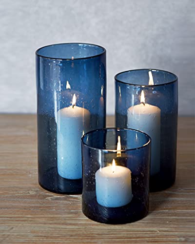 Ariamotion Glass Hurricane Candle Holders For Pillar Hand Blown Blue Cylinder Vases Table Decoration Centerpiece Floral Vases With Seeded Bubbles 11" 8" 6" Set Of 3 #TOP7