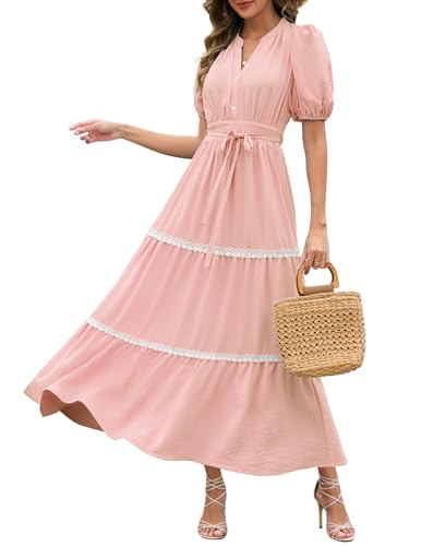 Image of Dressystar Women's Puff Sleeve Boho Maxi Dress V Neck Tiered Summer Wedding Guest Beach Vacation Dresses 2025