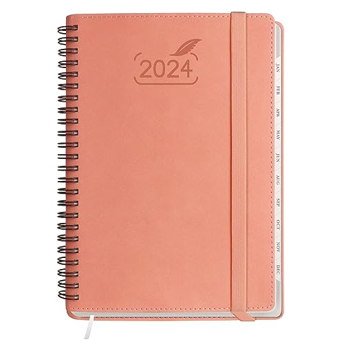 2024 Planner by BEZEND, A5 Calendar 5.8" x 8.5", Daily Weekly and Monthly Agenda,Spiral Bound,FSC Certified 100GSM Paper, Vegan Leather Soft Cover - Pink