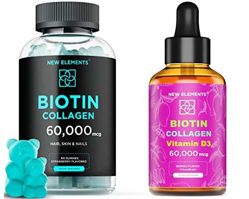 New Elements [ððð ðððððð] Biotin Collagen Gummies & Liquid Biotin with Collagen Peptides and Vitamin D3, Biotin 10000mcg, Collagen 50000mcg, Vitamin D3 Drops 5000iu