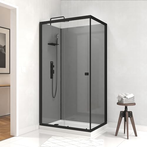 Marwell Komplettdusche Grey Style Rectangle – Duschkabine 110x80x215cm – Fertigdusche mit 5mm gehärtetem Glas – Dusche mit Aluminiumrahmen – Glasdusche Inkl. Ablagefläche – Regendusche Modernes Design