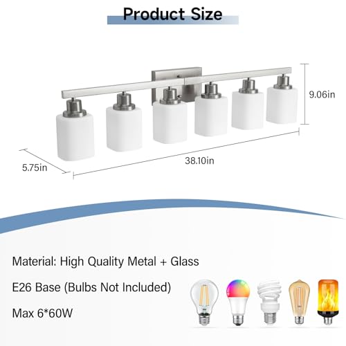 Image of 6-Light Bathroom Vanity Light,Brushed Nickel Vanity Lights with Square Frosted Glass,Modern Bathroom Wall Lights Fixtures Over Mirror,Wall Sconces Lighting for Bedroom Living Room,E26