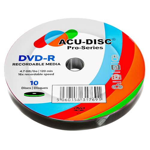 ACU-DISC Pro-Series DVD-R 4.7GB 16x Speed 120 Minutes Blank Discs AZO Dye UV Protection Hard Coat Anti-Scratch Surface Perfect for Photos & Videos Compatible with Any DVD Drive 17691 10 Pack