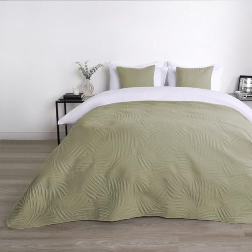 OHS Quilted Blanket Double Leaf Pinsonic, Green Bed Throw for Single Double Beds Sofa Covers Chairs Couches Lightweight Bedspread Super Soft Comfy, 150 x 200cm