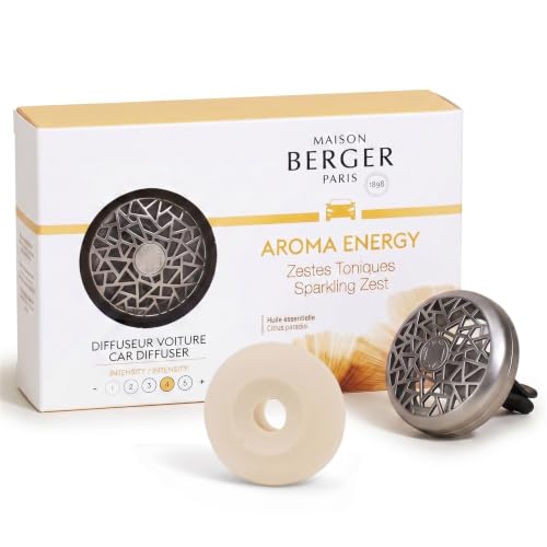Image of MAISON BERGER Car Diffuser Set, Aroma Energy | Grapefruit Orange Zest Notes, Refillable Vent Clip, 4-Week Passive Diffusion