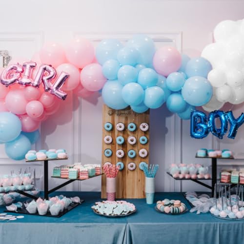 Image of Pink and Blue Balloons 100 Pack 12 inch Pastel Pink Blue White Latex Party Balloons with 65ft Ribbon for Gender Reveal Baby Shower Birthday Bridal Shower Wedding Party Decorations Supplies