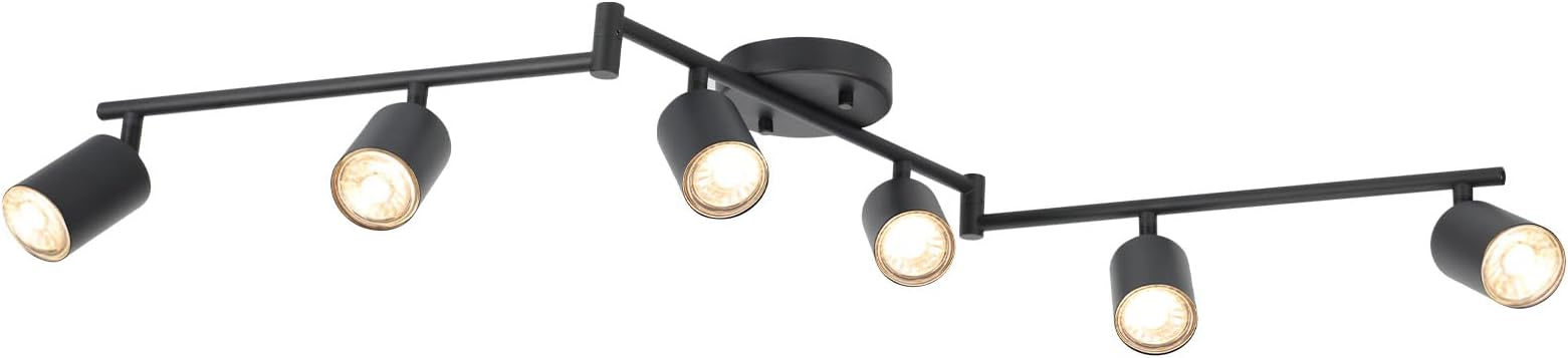 BoostArea LED 6 Light Track Lighting Kit, Black 6 Way Ceiling Spot Lighting, Flexibly Rotatable Light Head for Kitchen, Living Room, Bedroom, GU10 Bulb Not Included