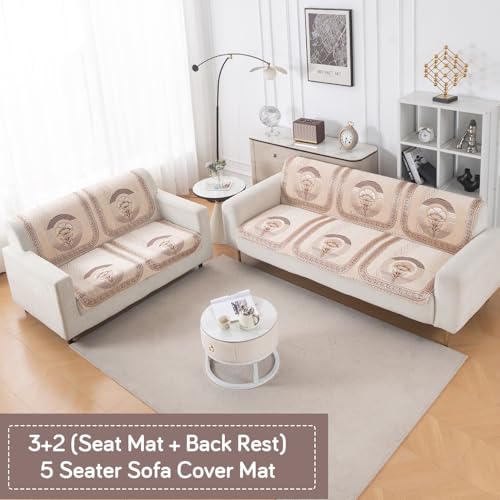 Image of HOKIPO Noor Beige Premium Chenille Jacquard Sofa Cover 5 Seater - (3+2) for Seat & Back | 'Royal Aangan Series' (IN-1008-L4*2 + IN-1007-L4*2)