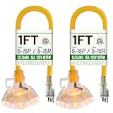 POWGRN 1 FT 2 Pack 12/3 Gauge Extension Cord with Multiple Outlets Outdoor, 3 Outlet Extension Cord Heavy Duty Yellow with Lighted, Tri-Tap Power Cable, 12AWG 15Amp 1875Watts 125Volts SJTW, ETL Listed