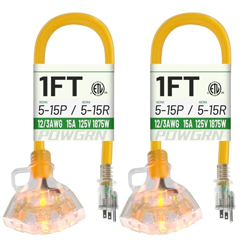 POWGRN 1 FT 2 Pack 12/3 Gauge Extension Cord with