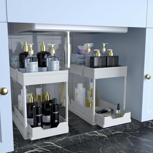 Organizador de Cocina bajo Fregadero de 2 Niveles con Cajones Deslizantes, Blanco, 8in Ancho x 15in Profundidad x 13in Alto miniatura 1