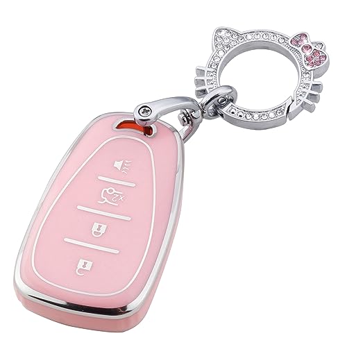 Image of Pangpai Pink Key Fob Cover for Chevy, Soft TPU Key Case Protection with Bling Keychain Fit for Chevy Chevrolet Malibu Equinox Traverse Camaro Cruze Blazer Volt Bolt Smart 4 Buttons