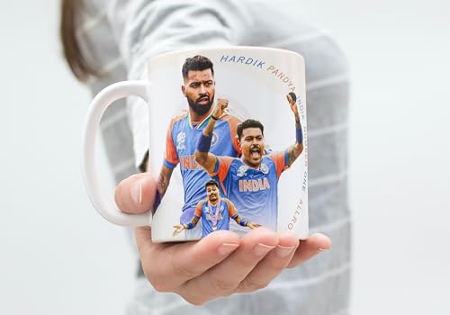 Image of Cricket Theme Coffee Mug IPL Edition - Stylish Helicopter Shot Print Cup - Gift for Cricket Fans, Boys & Friends (Hardik-3)