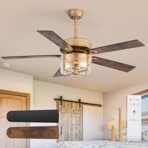 Breezary 52 Inch Rustic Farmhouse Ceiling Fan with Light Kit & Remote, Ultra Quiet DC Motor, Reversible 5-Blade Design, Antique Light Fixture, Dual Downrod for Low-High Ceilings - Vintage Black Gold