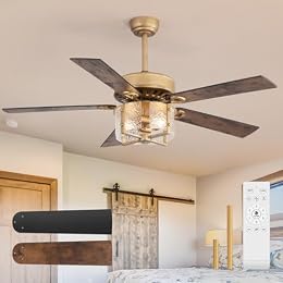 Breezary 52 Inch Rustic Farmhouse Ceiling Fan with Light Kit & Remote, Ultra Quiet DC Motor, Reversible 5-Blade Design, Antique Light Fixture, Dual Downrod for Low/High Ceilings - Vintage Black Gold