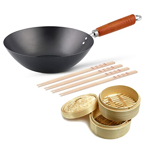 Ken Hom großer Antihaft Karbonstahl Wok 27 cm mit Holzgriff - Set inkl. Dampfkorb Ø 20 cm & 8 Stäbchen - Wokpfanne ohne Induktion