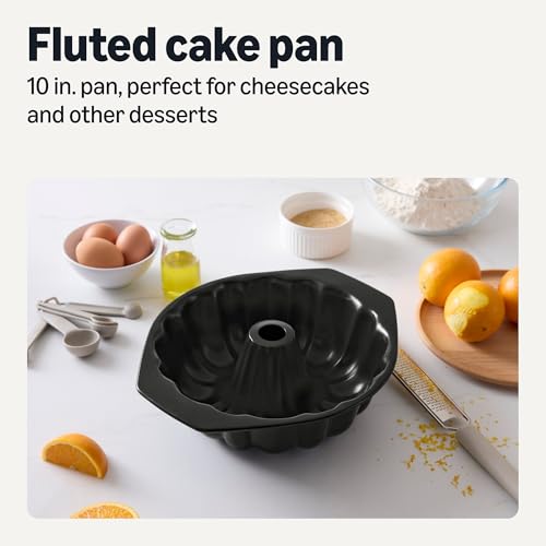 Image of Amazon Basics Nonstick Carbon Steel Fluted Cake Pan, Dishwasher and Oven-Safe, 10 inch, Black