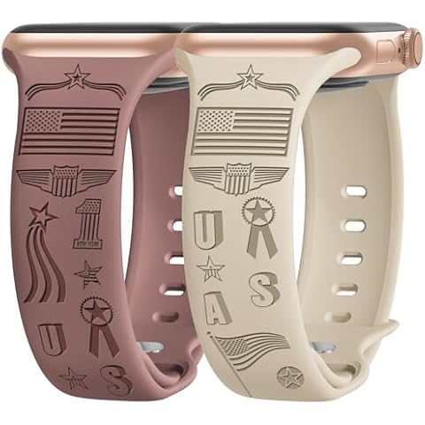 2 Packs American Flag Engraved Bands Compatible with Apple Watch Bands 40mm 41mm 38mm 42mm 44mm 45mm 49mm Women, Soft Silicone Cute Anime Designer Strap for iWatch Bands Series SE 9 8 7 6 5 4 3 2 1 Cover