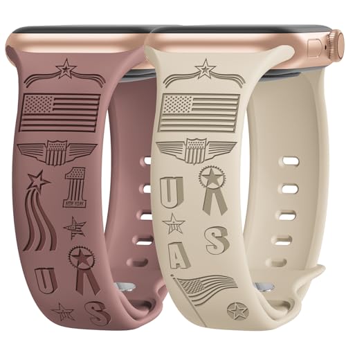 2 Packs American Flag Engraved Bands Compatible with Apple Watch Bands 40mm 41mm 38mm 42mm 44mm 45mm 49mm Women, Soft Silicone Cute Anime Designer Strap for iWatch Bands Series SE 9 8 7 6 5 4 3 2 1